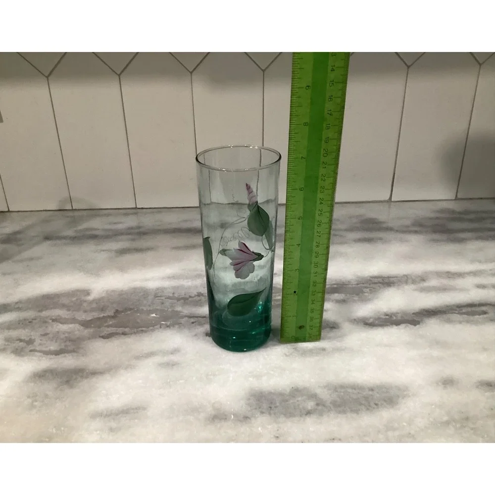 Vintage Fenton Signed 2 Hand Painted Green‎ Floral Highball Tumblers Glasses